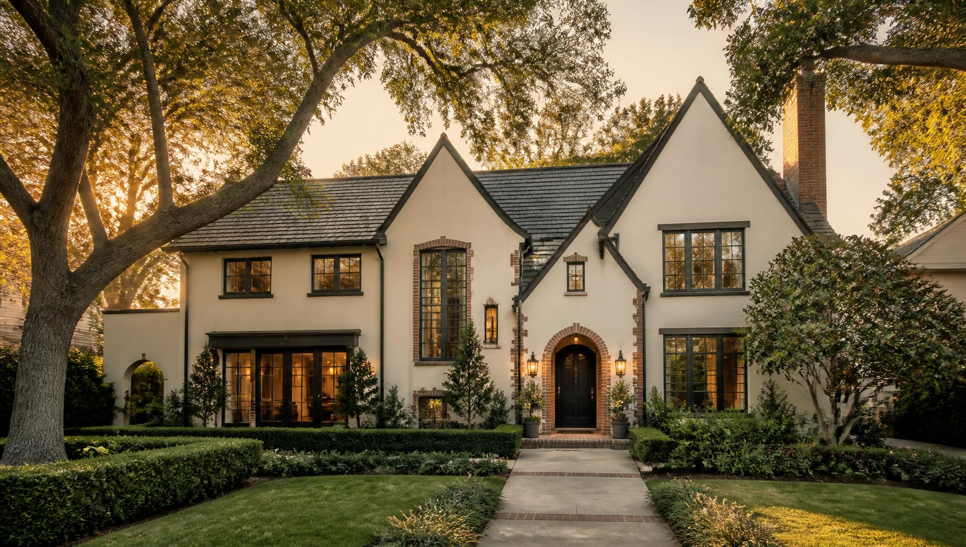 Restored Tudor-style home on a tree-lined East Dallas street at golden hour